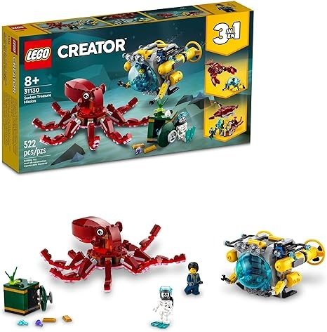 Creator 3 in 1 Sunken Treasure Mission Submarine Toy, Underwater Creatures Transform from Octopus tp Lobster to Manta Ray, Fun Sea Animal Figures, 31130