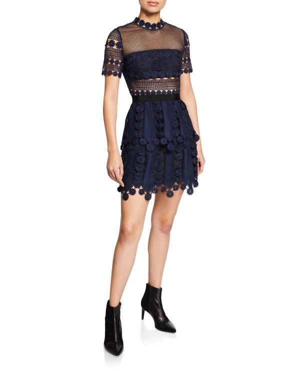 Floral Lace Short-Sleeve Tiered Cocktail Dress
