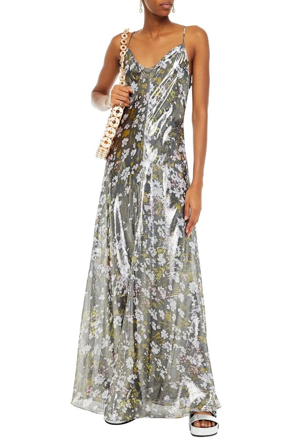 Cutout floral-print silk-blend lame maxi slip dress