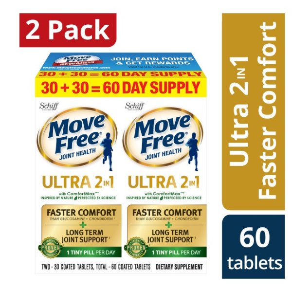 (2 Pack) Move Free Ultra 2in1 with Comfort Max, 60 tablets (2x30ct Twin Pack), Clinically Proven long term Joint Support, One Tiny Pill