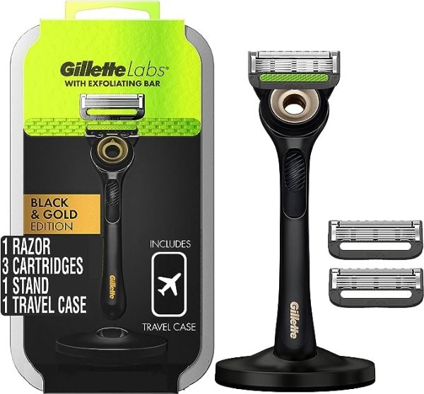 GilletteLabs 男士剃须刀 带去角质棒 金色版，包括 1 个手柄、3 个剃须刀片补充装、1 个旅行箱、1 个高级磁性支架、父亲节礼物