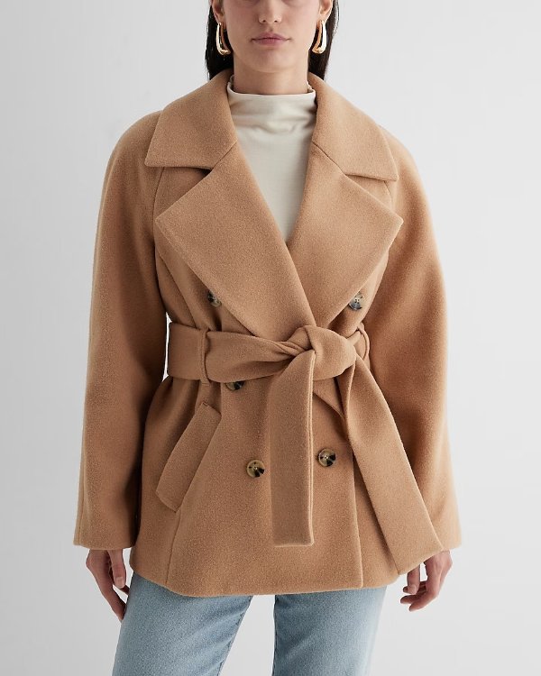 Faux Wool Double Breasted Short Wrap Coat