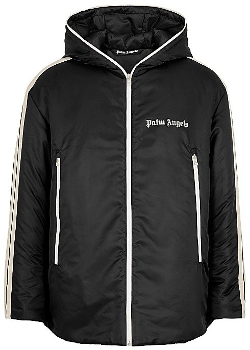 Black striped hooded nylon jacket