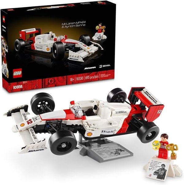 Icons McLaren MP4/4 & Ayrton Senna Minifigure, Holiday or Birthday Gift Idea for Home Office Decor, F1 Building Set for Adults and Fans of Cool Model Race Cars, 10330