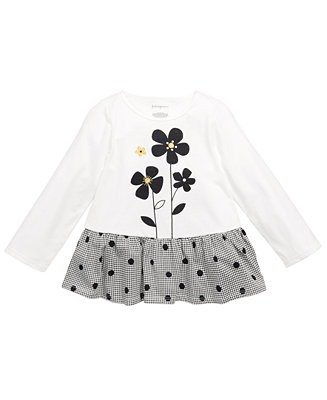 Baby Girls Flowers Houndstooth Polka Dot Peplum T-Shirt, Created For Macy's