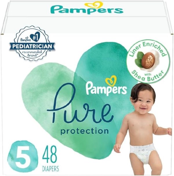 Diapers Size 5, 48 Count - Pampers Pure Protection Disposable Baby Diapers, Hypoallergenic and Unscented Protection, Super Pack (Packaging & Prints May Vary)