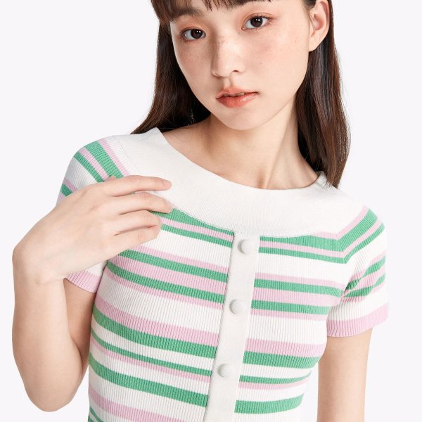Contrast Color Striped Button Decor Short Sleeve T-shirt