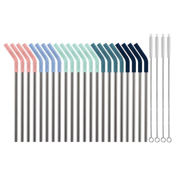 Silicone Tip Stainless Steel Reusable Straws, 26-piece Set
