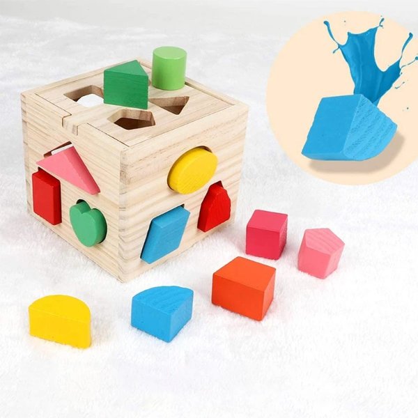 BeebeeRun 木制形状分类智力盒 带有13个彩色木制几何形状块和分类盒