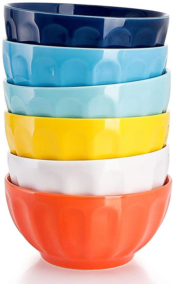 106.002 Porcelain Fluted Bowl Set - 26 Ounce for Cereal, Soup - Set of 6, Hot Assorted Colors