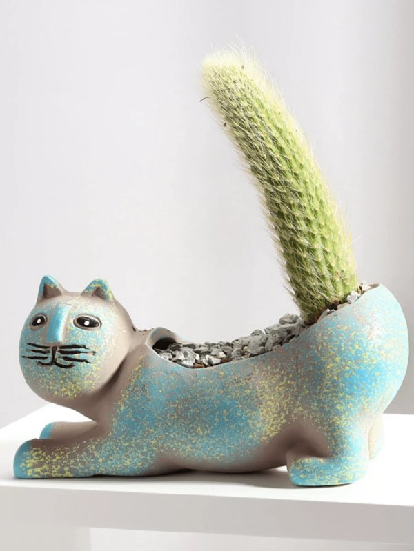 1pc Cute Cat Shaped Ceramic Succulent Planter, Creative Cactus Design Cartoon Animal Decorative Flower Pot, Ornament