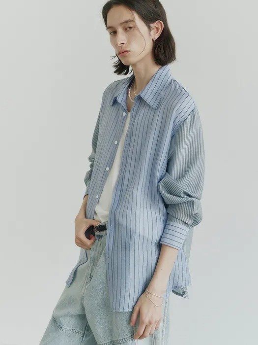 Over Fit Sheer Twill Half Shirt_Blue