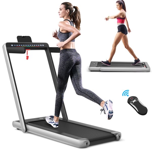 SuperFit 2.25HP 2 in 1 Dual Display Folding Treadmill Jogging Machine W/APP Control Dual Display Screen Silver