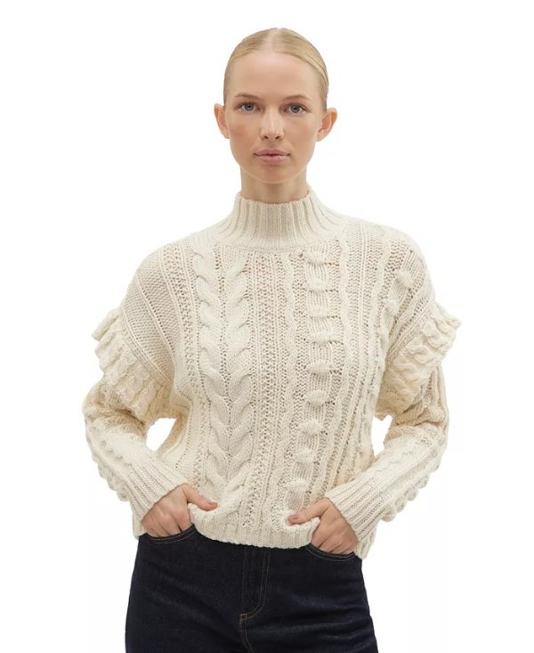 Women's High-Neck Long-Sleeve Ruffle-Trim Sweater