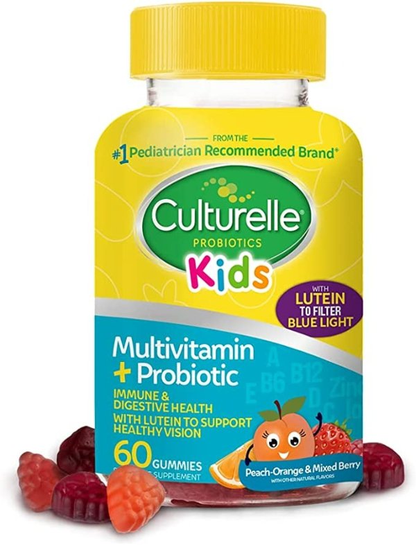 Kids Multivitamin + Probiotic Gummies, Digestive + Immune Support*, with Lutein to Support Healthy Vision*, Peach-Orange & Mixed Berry Flavor, Gluten Free & Vegan, 60 Count