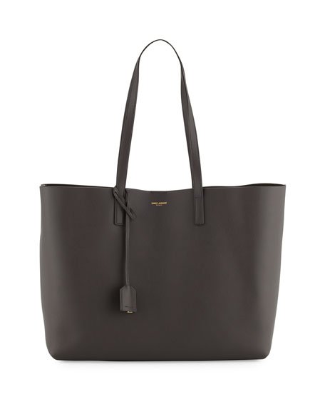 Large East-West Leather Shopper Bag, Dark Gray