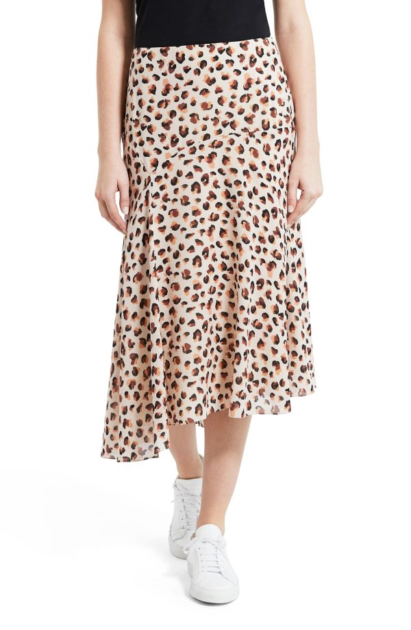 Leopard Print Asymmetric Silk Skirt