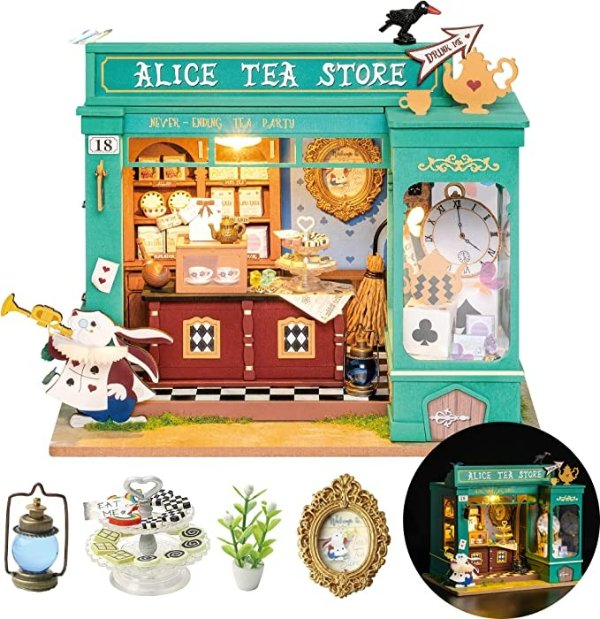 DIY Miniatures Dollhouse Kit, Tiny House Kits Mini Model Building Sets, DIY Craft Adults with Removable Plants, Halloween/Christmas Decorations Gifts for Families Friends (Alice's Tea Store)