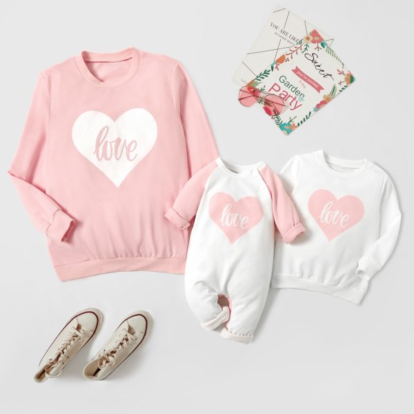Love Print White and Pink Sweatshirts for Mom and Me