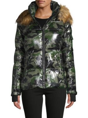 Camouflage-Print Down-Filled Faux Fur-Trim Hooded Jacket
