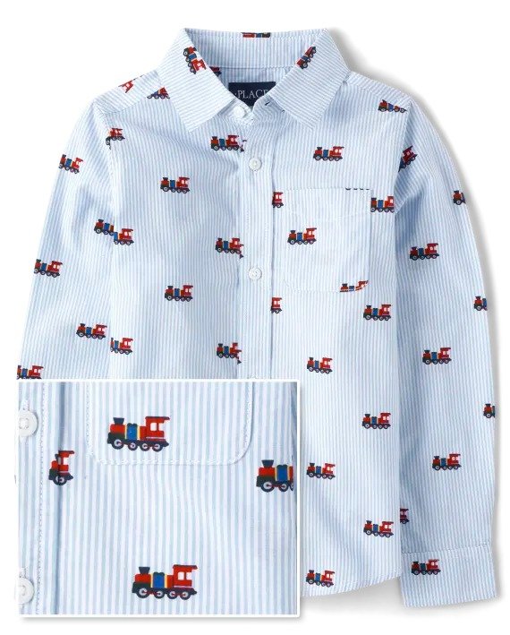 Boys Long Sleeve Striped Train Print Poplin Button Up Shirt | The Children's Place - GLOBE BLUE