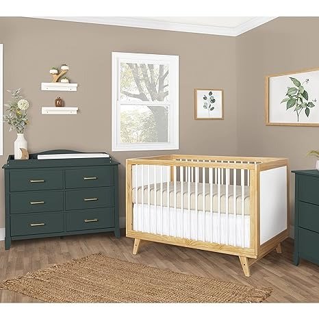 Carter 5-in-1 Full Size Convertible Crib / 3 Mattress Height Settings/JPMA Certified/Made of New Zealand Pinewood/Sturdy Crib Design, Natural & White