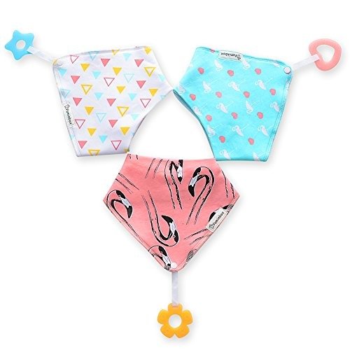Baby Bandana Drool Bibs 3-Pack and Teething Toys 3-Pack Made with 100% Organic Cotton, Super Absorbent and Soft Unisex (Vuminbox) (Pink) …