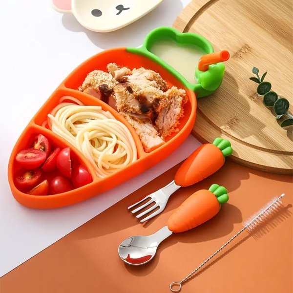 Baby Plate Silicone Carrot Plate 304 Stainless Steel Fork Spoon Tableware Set Children's Complementary Food Bowl | Shop The Latest Trends | Temu
