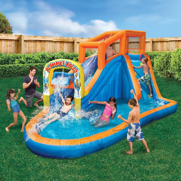 Plummet Falls Large Inflatable Water Park Play Center - Water Slide, Drench Bucket & Climbing Wall - Outdoor Summer Fun For Kids & Families