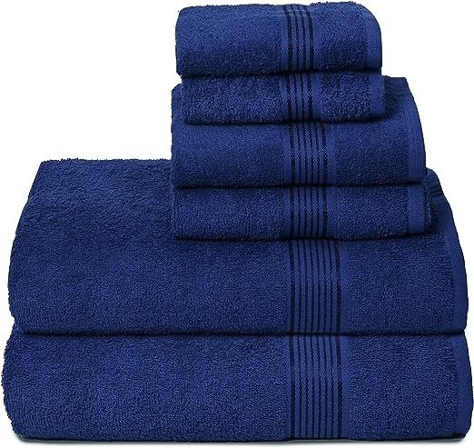 Ultra Soft 6 Pack Cotton Towel Set, Contains 2 Bath Towels 28x55 inch, 2 Hand Towels 16x24 inch & 2 Wash Coths 12x12 inch, Ideal Everyday use, Compact & Lightweight - Navy Blue