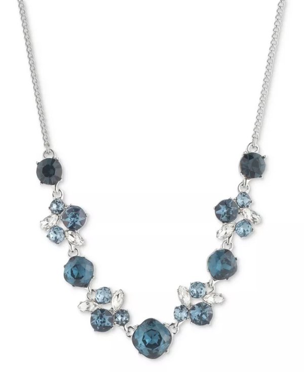 Silver-Tone Denim Crystal Frontal Necklace, 16" + 3" extender