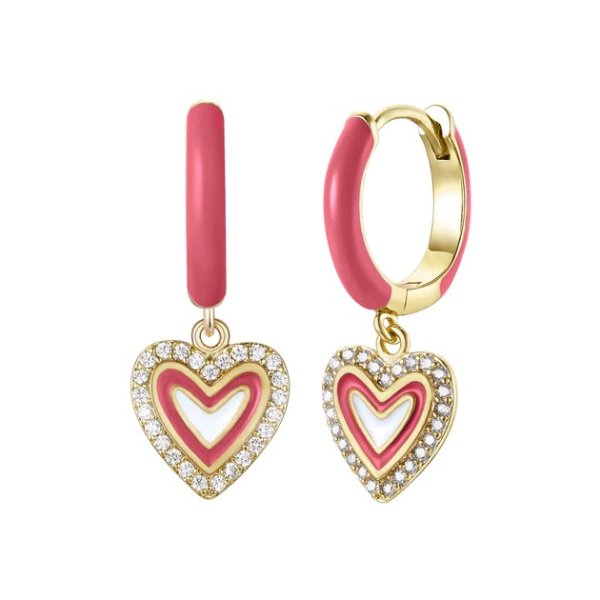rg children's 14k gold plated with diamond cubic zirconia & magenta-red enamel halo heart dangle charm hoop earrings