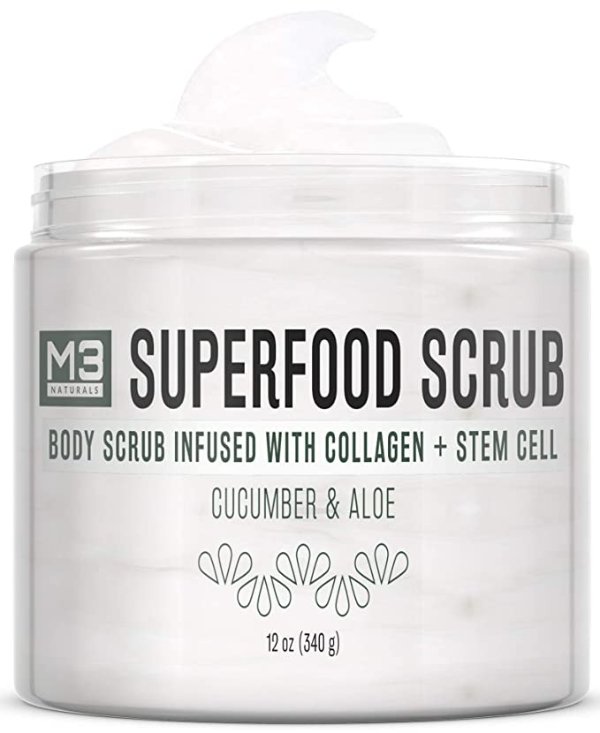 Superfood Scrub infused with Collagen and Stem Cell Natural Cucumber and Aloe Body Face Wash Exfoliating Facial Cleanser for Acne Cellulite Wrinkles Scars Skin Care 12 oz