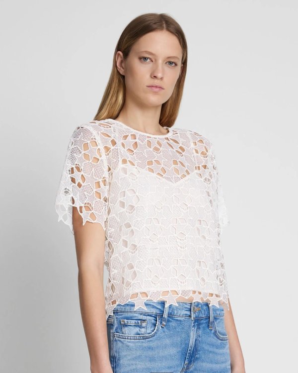 Star Lace Cropped Tee in Antique White