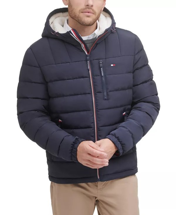 Men's Fitted Midweight Sherpa Lined Hooded Water-Resistant Quilted Puffer Jacket