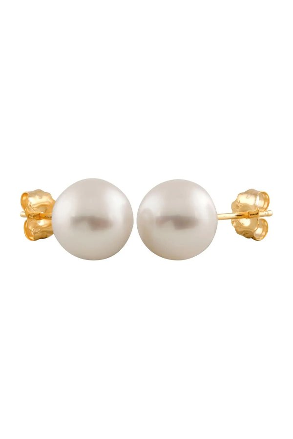 14K Yellow Gold 7-8mm White Cultured Freshwater Pearl Stud Earrings