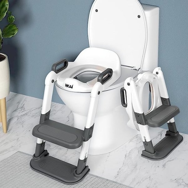 Potty Training Seat with Step Stool Ladder, Potty Seat for Kids Toddlers Girls Boys, Adjustable Potty Training Toilet, Comfortable Safe Toddler Toilet Seat with Anti-Slip Pads (Gray)