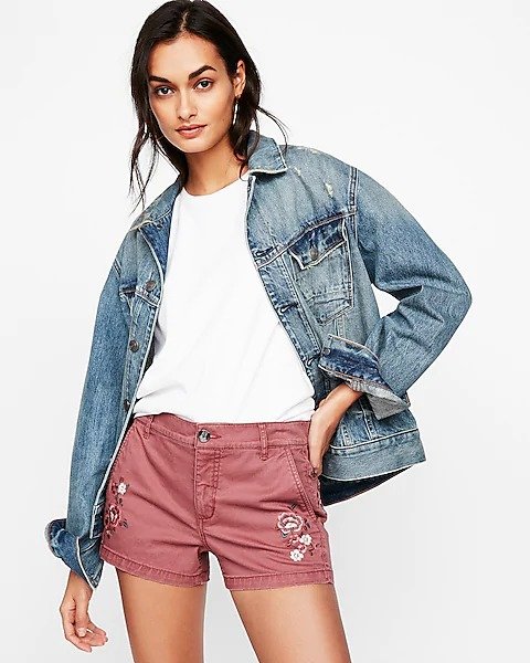 Mid Rise Embroidered Twill Shorts