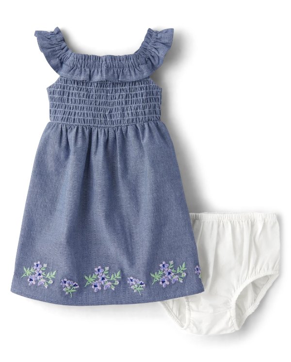 Baby Girls Embroidered Floral Chambray Flutter Dress - Homegrown by Gymboree - chambray