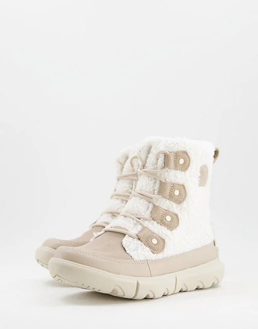 Explorer II Joan Cozy teddy lace up boots in off white