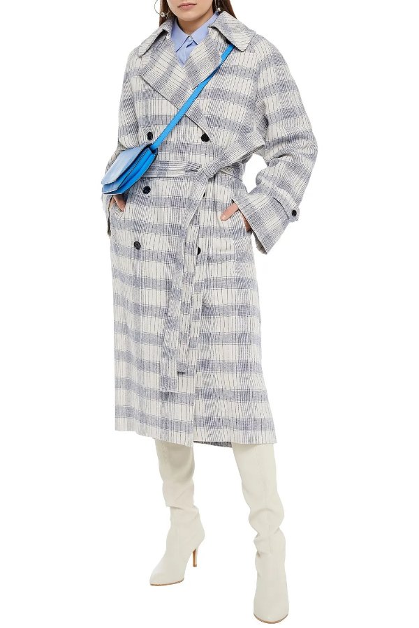 Checked linen-blend canvas trench coat
