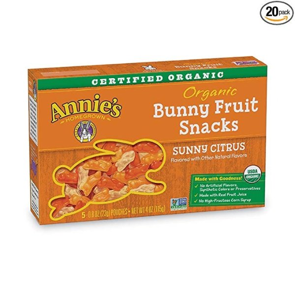 20 Ct - Annie's Organic Sunny Citrus Bunny Fruit Snacks, Gluten Free, 4 oz