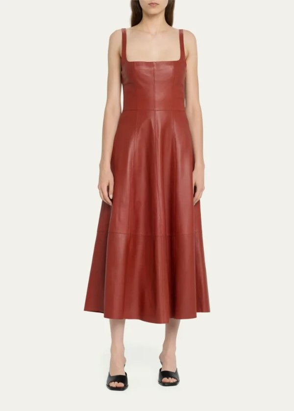 Square-Neck Leather Midi Apron Dress