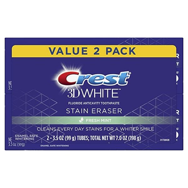 3D White Stain Eraser Whitening Toothpaste, Fresh Mint, 2 Count