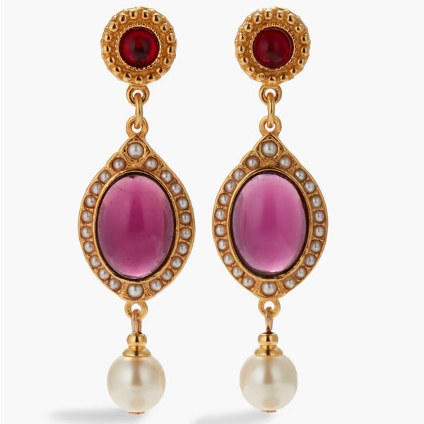 24-karat gold-plated, stone and faux pearl earrings