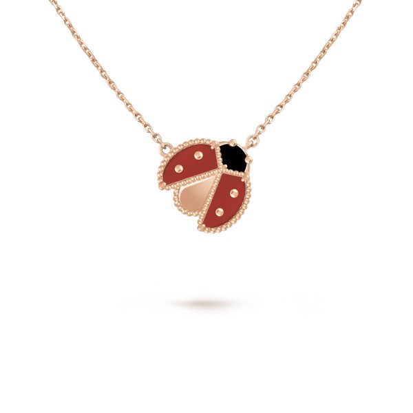 Lucky Spring pendant, open wings ladybug 18K rose gold, Carnelian, Onyx
