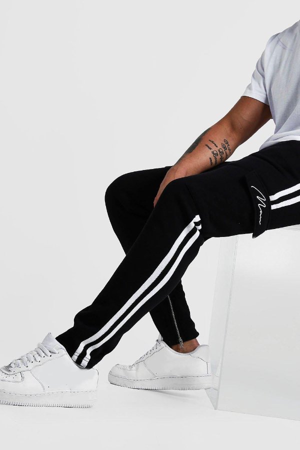 MAN Signature Cargo Jogger With Side Tape | boohooMAN