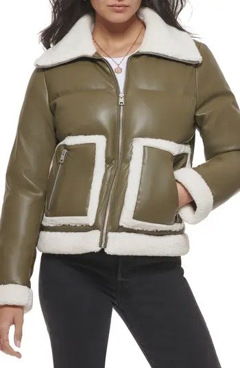 Faux Leather Puffer Jacket with Faux Shearling Trim