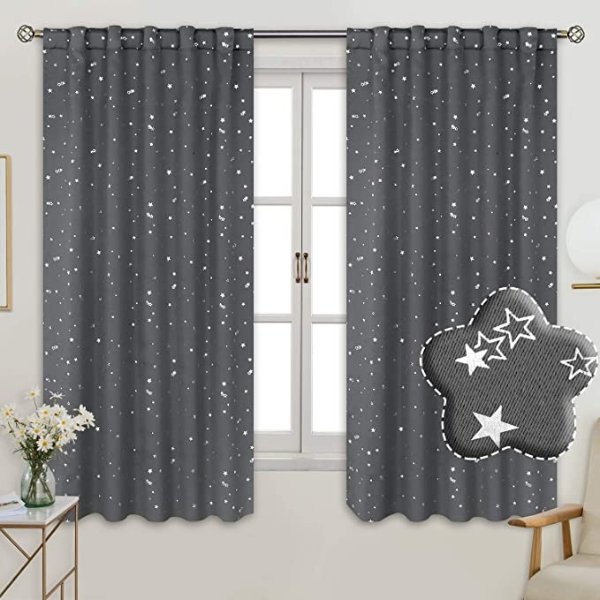 BGment Rod Pocket and Back Tab Blackout Curtains for Kids Bedroom - Sparkly Star Printed Thermal Insulated Room Darkening Curtain for Nursery, 42 x 63 Inch, 2 Panels, Grey