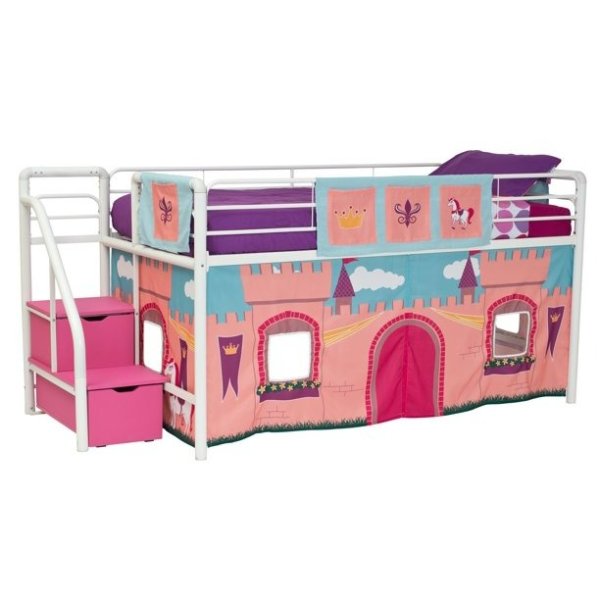DHP 金属架儿童高架床，带城堡装饰帘、可储物台阶